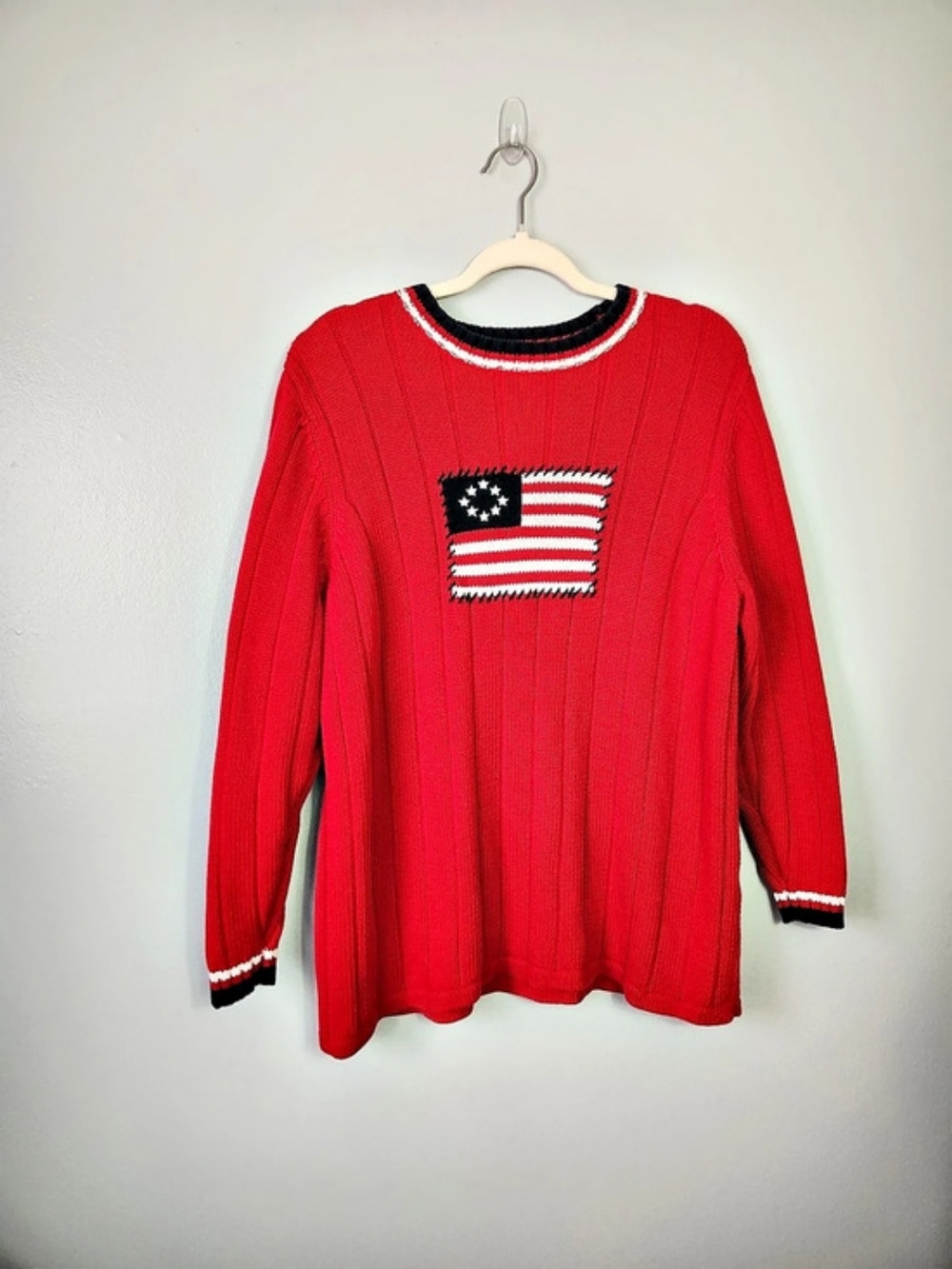 VTG August Max Woman Red American Flag 100% Cotton Knit Sweater Plus Size 1X